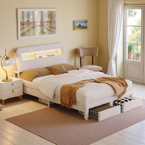 Letto 140x200 cm - USB e LED - Velluto beige - Cassetti - Rete a 12 doghe (1/5)