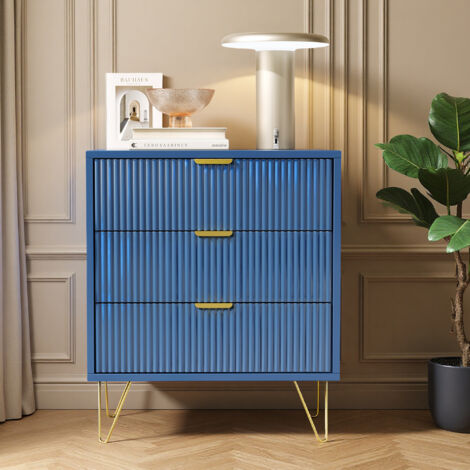 Comò a 3 cassetti, maniglie e piedini color oro, 60 x 40 x 70 cm, per camera da letto, soggiorno, ufficio, blu intenso