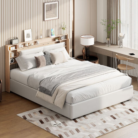 Letto per adulti 160x200 cm, letto con LED, telaio letto con rete, testiera con spazio di archiviazione, PU - Bianco (1/5)