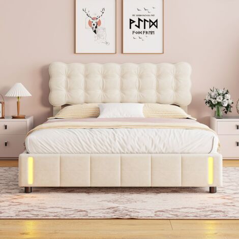Letto contenitore 140x200 cm, con funzione contenitore e illuminazione a LED, in velluto beige (1/5)