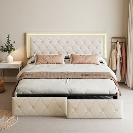 Letto 140x200 cm - tessuto in PU - LED E 4 cassetti - rete - letto per adulti 140x200 cm - beige (1/5)