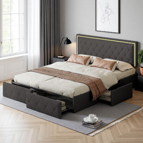 Letto 140x200 cm - tessuto in PU - LED e 4 cassetti - rete - letto per adulti 140x200 cm - grigio (1/5)