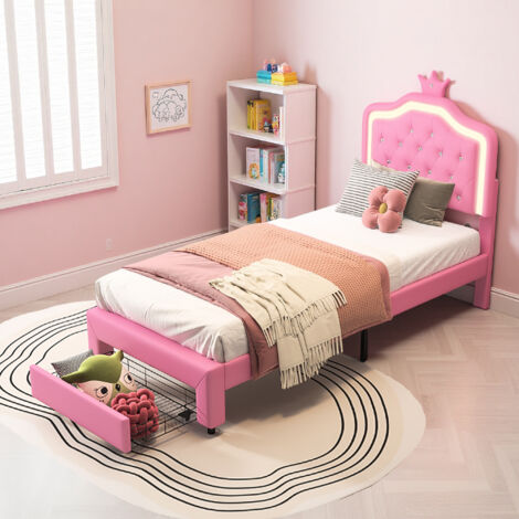Letto per bambini 90x200 cm - Cassetti e LED - Tessuto in PU - struttura letto 90x200 cm - Rosa (1/5)