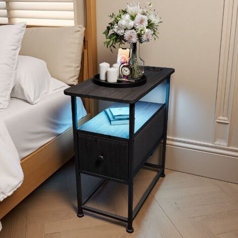 Comodino con cassetto, 60 x 30 x 62 cm, tavolino, USB e LED, contemporaneo, per camera da letto, soggiorno, ufficio, MDF, nero