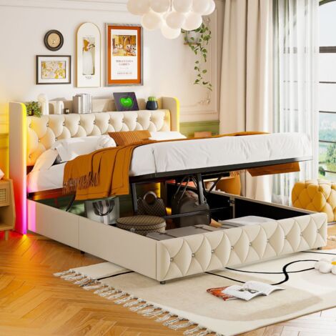 Letto contenitore 160x200 cm, con illuminazione LED RGB e testiera con stazione di ricarica, in velluto beige