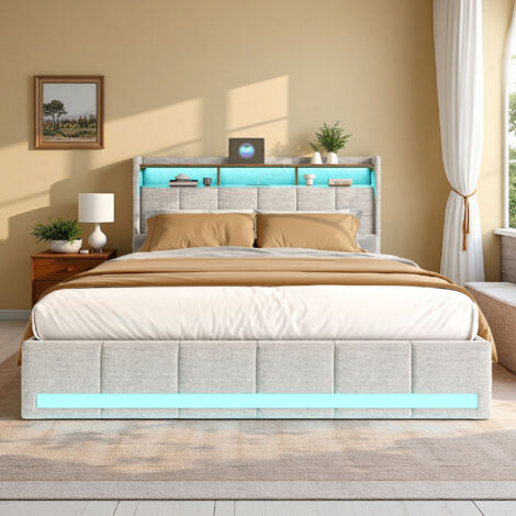 Letto 140x200 cm - tessuto in lino - USB e LED - rete a 12 doghe - letto per ragazzi 140x200 cm - Beige (1/5)