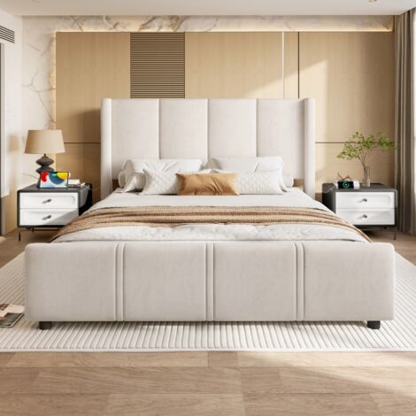 Letto 160x200 cm con USB e Type-C - Struttura letto 160x200 in velluto beige - Design moderno con testiera alta - Letto matrimoniale 160x200 (1/5)