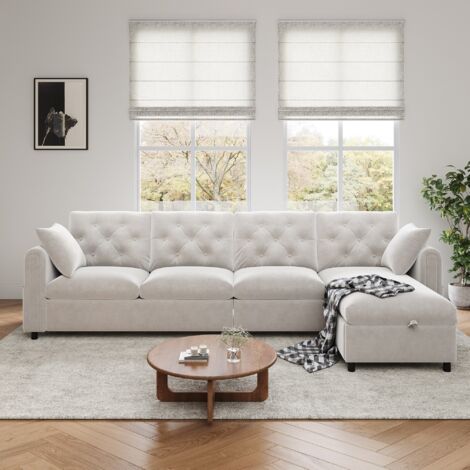 Divano ad angolo 4-5 posti - 281x86x71 cm - con braccioli laterali con tasche porta riviste - velluto beige