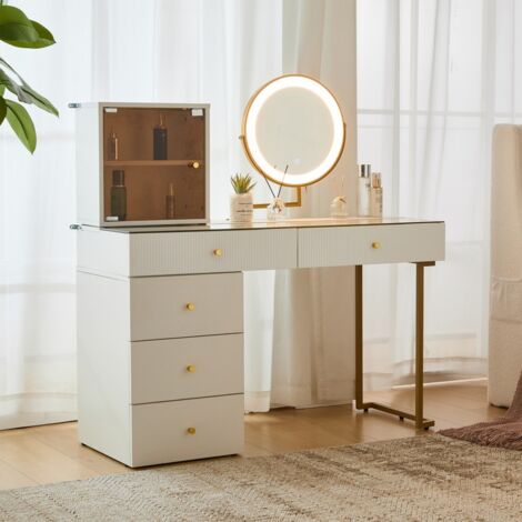 Toeletta con specchio LED touch e piano in vetro - 120x45x115 cm - Tavolino da trucco modulabile con contenitori - Bianco/Oro