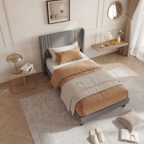 Letto 90x200 cm - Letto singolo 90x200 - Struttura letto 90 con rete a doghe - Robusta e facile da montare - in lino grigio