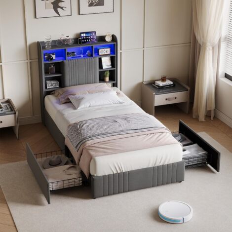 Letto 90x200 cm - Letto singolo 90 con 2 cassetti, testiera a mensola, LED RGB, prese USB/Type-C, rete - Intelligente - Lino grigio (1/5)