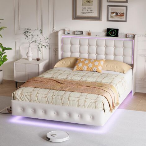 Letto 140x200 cm - Letto sospeso 140x200 - Letto matrimoniale 140x200 cm con LED RGB e prese USB Type-C - Rete inclusa - Velluto bianco (1/5)