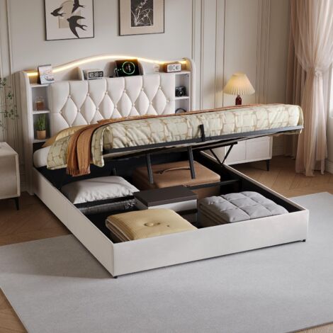 Letto contenitore 160x190 cm - Letto per adulti 160x190 con LED RGB, USB Type-C - Testiera con contenitore e rete idraulica - Velluto beige (1/5)