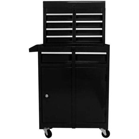 Carrello da officina 2 in 1 smontabile - H102 cm - 5 cassetti e armadio a doppia anta con ripiano regolabile - Acciaio - Nero