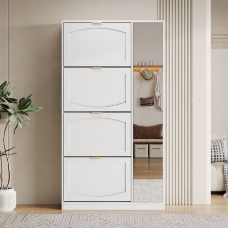 Mobile porta scarpe con specchio - 80x24x147 cm - 4 scomparti ribaltabili - ripiano regolabile - per ingresso - bianco