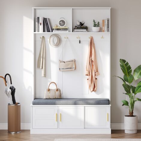 Mobile da ingresso 120x40x191 cm - con scarpiere, appendiabiti, 6 ganci tripli - salvaspazio - bianco