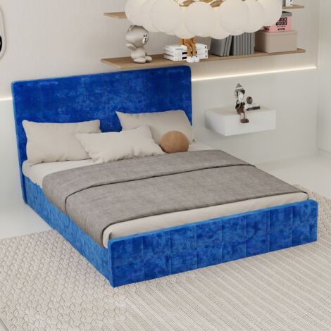 Letto 160x200 cm - letto contenitore 160x200 e rete - Letto matrimoniale imbottito con testiera - tessuto in velluto blu (1/5)