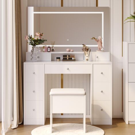 Tocador con taburete y espejo LED de 3 colores - Mesa de maquillaje con cajones de almacenamiento - 110 x 40 x 150 cm - MDF - Blanco