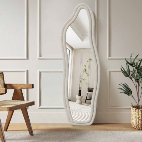 Espejo de pie - 160 x 50 cm - Diseño irregular - Marco de terciopelo - Espejo de cuerpo entero irrompible - Blanco