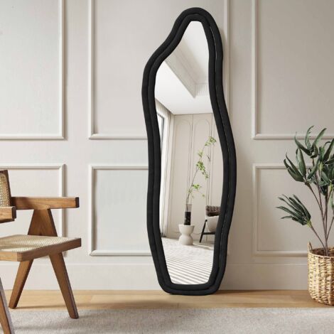 Espejo de pie - 160 x 50 cm - Diseño irregular - Marco de terciopelo - Espejo de cuerpo entero irrompible - Negro