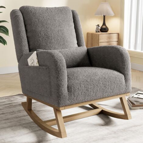 Sillón mecedora - con respaldo alto - soporte lumbar, bolsillos laterales y base de madera maciza - en terciopelo Teddy gris