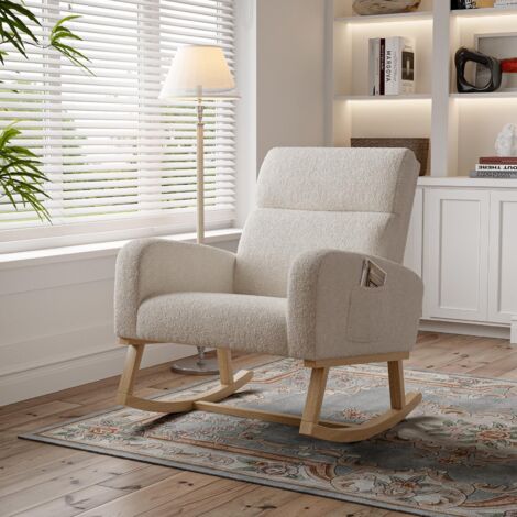 Sillón mecedora - Comodidad ergonómica - con bolsillos laterales y madera maciza - 69,2 x 78,5 x 87 cm - en tejido rizado beige
