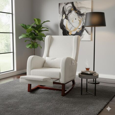 Sillón mecedora - Sillón relax con reposapiés retráctil - Respaldo alto ergonómico y bolsillos - Terciopelo Teddy - Blanco