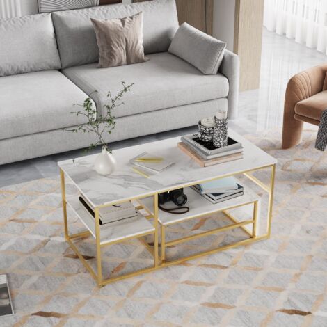 Mesa de centro rectangular - 105 x 52 x 48 cm - Tablero de mármol - Diseño moderno y doble estante - Blanco y patas doradas