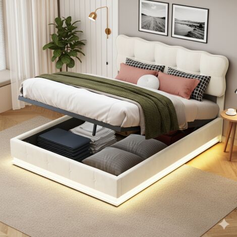 Cama con canapé 140 x 190 cm - Estructura de cama doble LED con somier de láminas y cabecero suave - Tejido de terciopelo - Beige