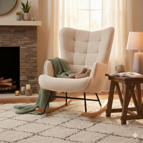 Sillón mecedora - Escandinavo - Respaldo acolchado cuadrado - Mecedora relajante - 68 x 75 x 92 cm - Terciopelo Teddy beige