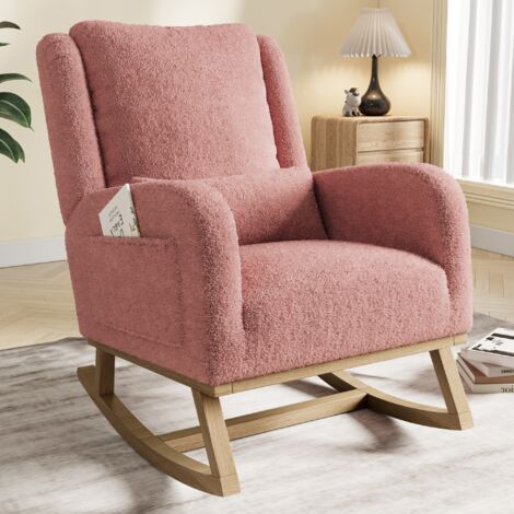 Sillón mecedora - con respaldo alto - soporte lumbar, bolsillos laterales y base de madera maciza - en terciopelo Teddy rosa
