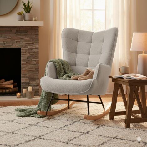Sillón mecedora - Escandinavo - Respaldo acolchado cuadrado - Mecedora relajante - 68 x 75 x 92 cm - Terciopelo Teddy gris claro