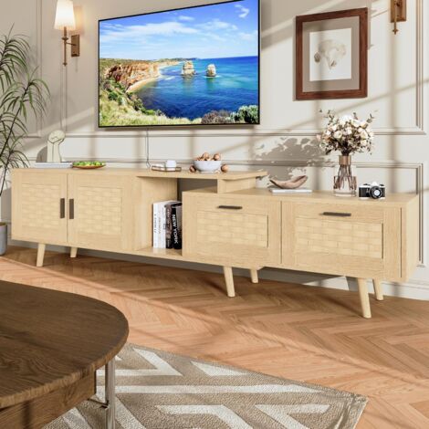 Mueble TV retráctil - Longitud ajustable - 146-180 x 30 x 44 cm - para televisores de hasta 75 pulgadas - imitación ratán - roble