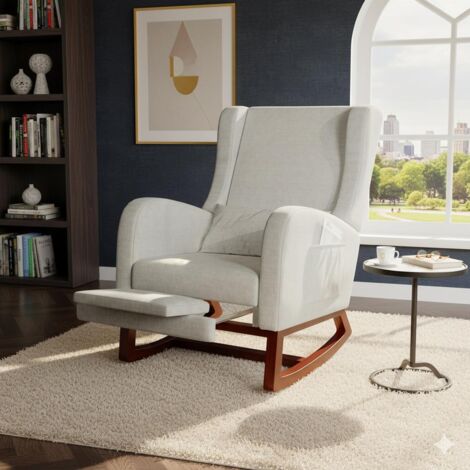 Sillón mecedora - Sillón relax con reposapiés retráctil - Respaldo alto ergonómico y bolsillos - Tejido de algodón y lino - Gris