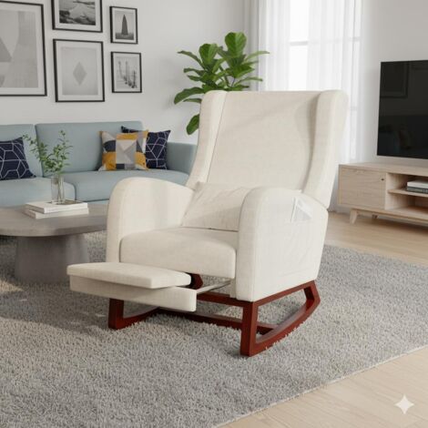 Sillón mecedora - Sillón relax con reposapiés retráctil - Respaldo alto ergonómico y bolsillos - Tejido de algodón y lino - Beige
