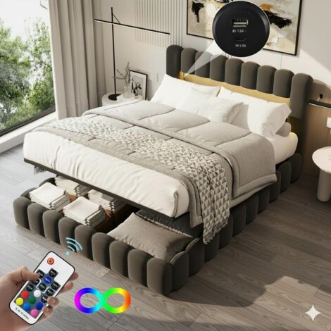 Cama 140 x 200 cm - Cama con canapé 140 x 200 y somier - Cabecero LED RGB, tomas USB/Tipo C - Sin colchón - Tejido de lino gris (1/5)