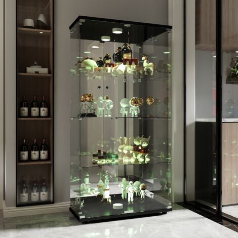 Vitrina de exposición de cristal - con iluminación LED - Mueble de almacenamiento con 4 estantes y 2 puertas - 164,3 x 80,5 x 36,3 cm - Negro