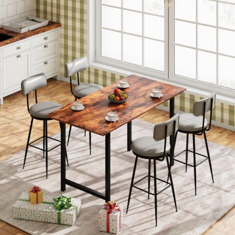 Lote de 4 taburetes de bar - Silla alta de cocina con respaldo y reposapiés - Diseño retro y robusto - En PU gris