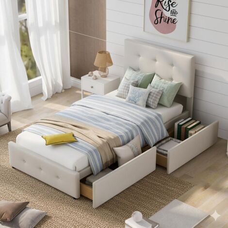 Cama de 90 x 200 cm con cajón grande, cabecero acolchado regulable en altura, somier de láminas incluido, en terciopelo beige.