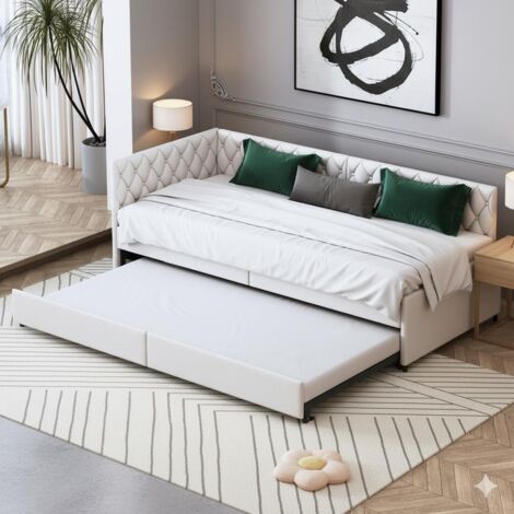 Cama nido 90 x 200 cm - Sofá cama extensible - Diseño capitoné estilo Chesterfield - Con somier de láminas - En terciopelo beige