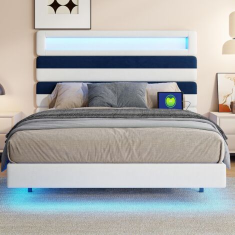 Cama 140 x 190 cm - Cama doble flotante 140 x 190 - con cabecero horizontal ajustable, LED RGB y puertos USB - Terciopelo blanco (1/5)