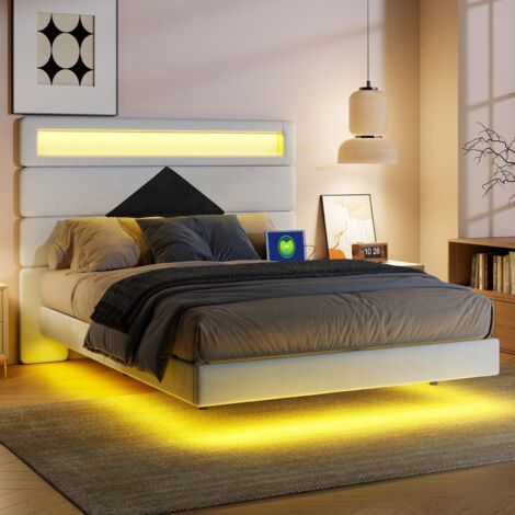 Cama 140 x 190 cm - Cama doble flotante 140 x 190 - con cabecero Diamant ajustable, LED RGB y puertos USB - Terciopelo blanco (1/5)