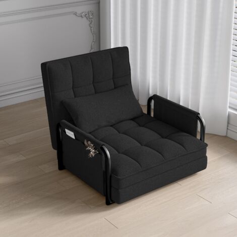 Sillón convertible de 1 plaza - Sofá cama con 5 posiciones ajustables - En chenilla - Acabados en lana de cordero - Negro