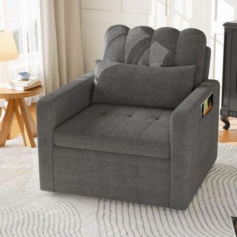 Sillón convertible 3 en 1 - Sillón largo - Respaldo con 5 posiciones - Con mesa plegable, bolsillo - En chenilla - Gris