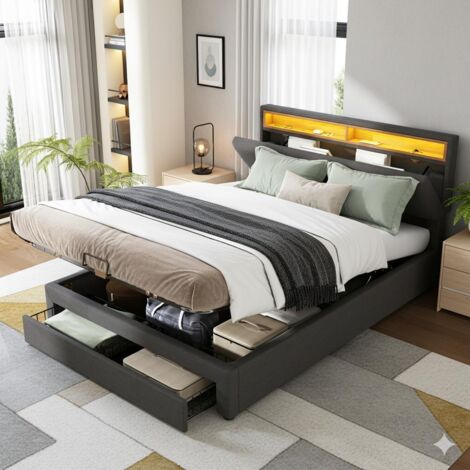 Cama 160 x 200 cm - Cama con canapé 160 x 200 y somier - con cajones y cabecero abatible - Lino gris