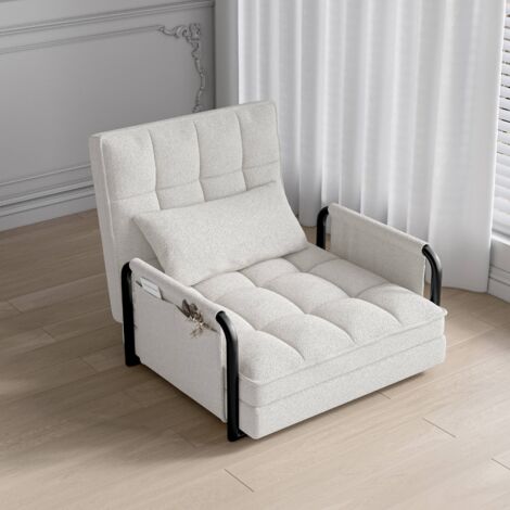 Sillón convertible de 1 plaza - Sofá cama con 5 posiciones ajustables - En chenilla - Acabados en lana de cordero - Blanco