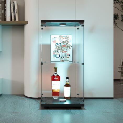 Vitrina expositora de vidrio templado de 2 niveles con puerta e iluminación LED - 40 x 36,5 x 86,2 cm - Base negra