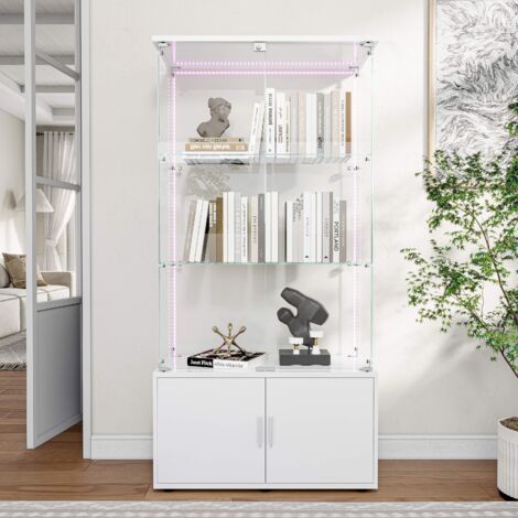 Vitrina de cristal - 3 estantes/bastidores con armario - con iluminación LED - 78 x 35 x 164 cm - Blanco (1/5)