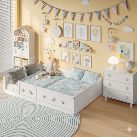 Cama evolutiva 140 x 200 cm - Cuna - Cama con barandilla y patas con estrella y luna - Madera - Blanco