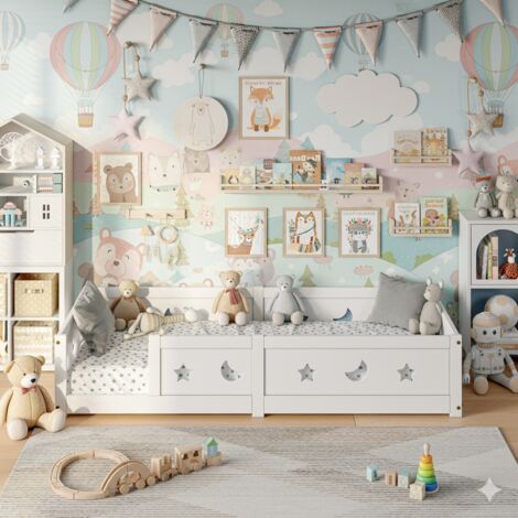 Cama evolutiva 90 x 200 cm - Cuna - Cama con barandillas y patas con estrella y luna - Madera - Blanco